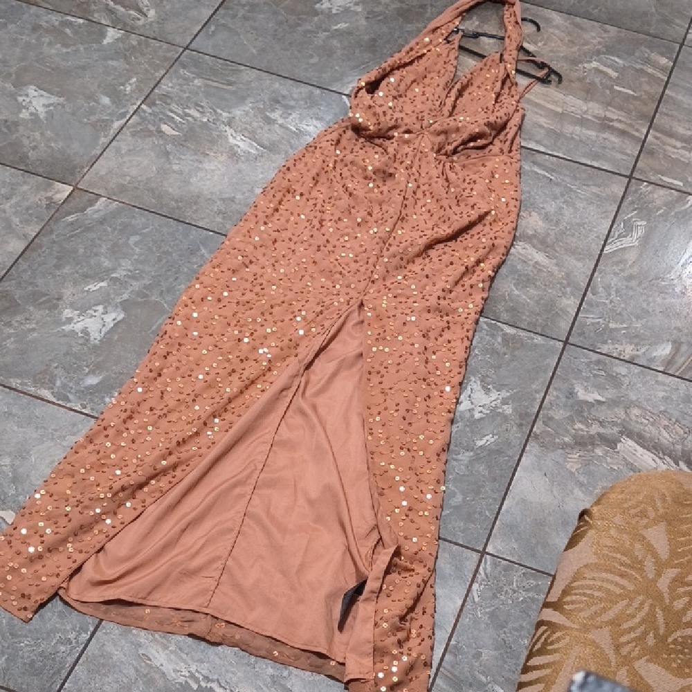 Glamorous Halter Sequin Dress in Brown